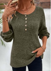 Olive Green Button Long Sleeve Round Neck T Shirt