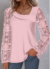 Light Pink Lace Long Sleeve Asymmetrical Neck Blouse | thumb picture 