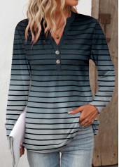 Navy Button Striped Long Sleeve Split Neck T Shirt