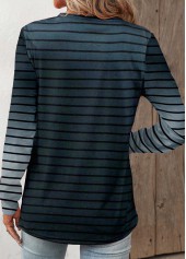Navy Button Striped Long Sleeve Split Neck T Shirt | thumb picture 