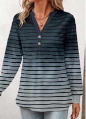 Navy Button Striped Long Sleeve Split Neck T Shirt | thumb picture 