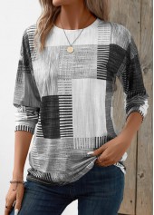 Grey Patchwork Geometric Print Long Sleeve T Shirt
