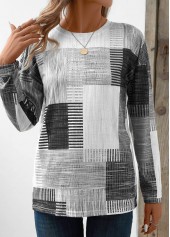 Grey Patchwork Geometric Print Long Sleeve T Shirt | thumb picture 