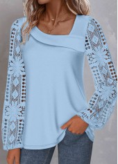 Light Blue Lace Long Sleeve Asymmetrical Neck Blouse | thumb picture 