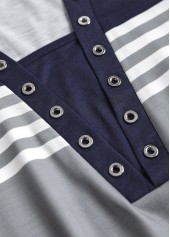 Navy Eyelet Striped 3/4 Sleeve Shirt Collar Blouse