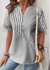 Grey Patchwork Striped Short Sleeve Split Neck Blouse | thumb picture 