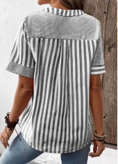 Grey Patchwork Striped Short Sleeve Split Neck Blouse | thumb picture 