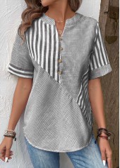 Grey Patchwork Striped Short Sleeve Split Neck Blouse | thumb picture 