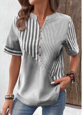 Grey Patchwork Striped Short Sleeve Split Neck Blouse