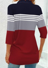 Wine Red Patchwork Plus Size Striped 3/4 Sleeve Blouse | thumb picture 