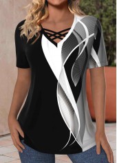 Plus Size Black Criss Cross Geometric Print T Shirt