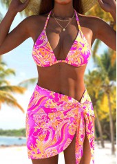 Three-piece Paisley Print Hot Pink Bikini Set