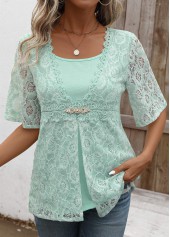 Mint Green Lace Half Sleeve Fake Two Piece Twinset | thumb picture 