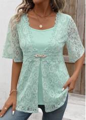 Mint Green Lace Half Sleeve Fake Two Piece Twinset