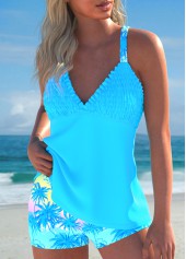 Plus Size Smocked Cyan Tropical Plants Print Tankini Set | thumb picture 