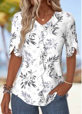 White Ruffle Leaf Print Half Sleeve V Neck Blouse