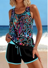 Contrast Binding Paisley Print Black Tankini Set