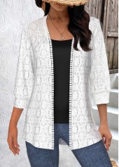 White Patchwork 3/4 Sleeve Round Neck Coat