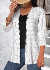 White Patchwork 3/4 Sleeve Round Neck Coat