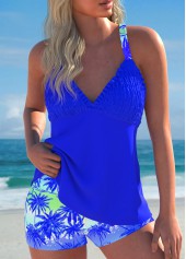 Smocked Tropical Plants Print Royal Blue Tankini Set