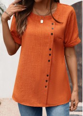 Brick Red Button Short Sleeve Round Neck Blouse | thumb picture 