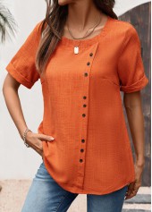 Brick Red Button Short Sleeve Round Neck Blouse