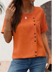 Brick Red Button Short Sleeve Round Neck Blouse | thumb picture 