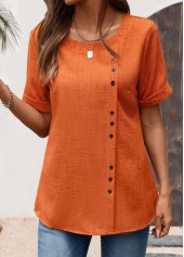 Brick Red Button Short Sleeve Round Neck Blouse | thumb picture 