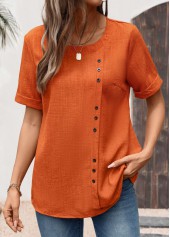 Brick Red Button Short Sleeve Round Neck Blouse | thumb picture 