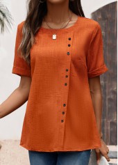 Brick Red Button Short Sleeve Round Neck Blouse | thumb picture 