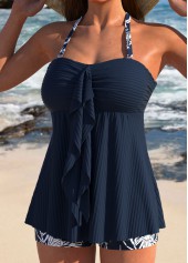 Ruffle Tropical Plants Print Navy Tankini Set
