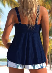 Plus Size Surplice Navy Tropical Plants Print Tankini Set