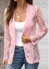 Plus Size Pink Lace Long Sleeve Lapel Light Cardigan