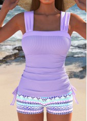 Drawstring Geometric Print Light Purple Tankini Set
