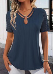 Navy Lace Short Sleeve Tie Collar T Shirt