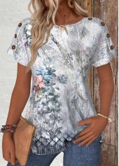 Grey Button Random Floral Print Short Sleeve T Shirt