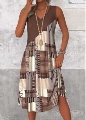 Gray Brown Patchwork Geometric Print A Line Sleeveless Dress