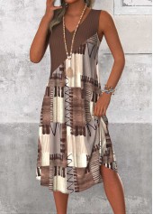 Gray Brown Patchwork Geometric Print A Line Sleeveless Dress | thumb picture 
