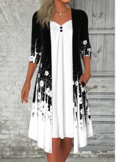 Black Tummy Coverage Floral Print 3/4 Sleeve Dress