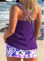 Plus Size Ruched Dark Purple Floral Print Tankini Set