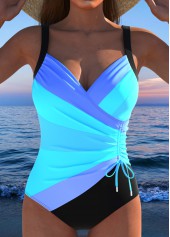 Drawstring Multi Stripe Print Blue One Piece Swimwear