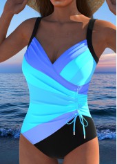 Drawstring Multi Stripe Print Blue One Piece Swimwear | thumb picture 