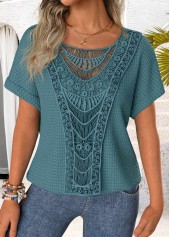 Blue Patchwork Short Sleeve Round Neck T Shirt