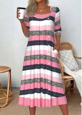 Pink Patchwork Striped A Line 3/4 Sleeve Dress