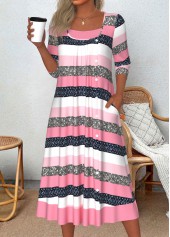 Pink Patchwork Striped A Line 3/4 Sleeve Dress | thumb picture 