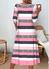 Pink Patchwork Striped A Line 3/4 Sleeve Dress | thumb picture 