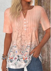 Dusty Pink Button Floral Print Short Sleeve T Shirt