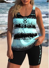 Plus Size Lace Up Mint Green Striped Tankini Set