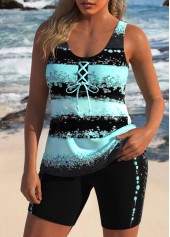Plus Size Lace Up Mint Green Striped Tankini Set | thumb picture 