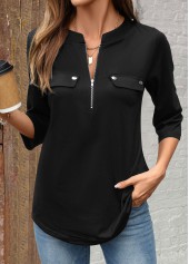 Black Zipper 3/4 Sleeve Split Neck Shirt | thumb picture 
